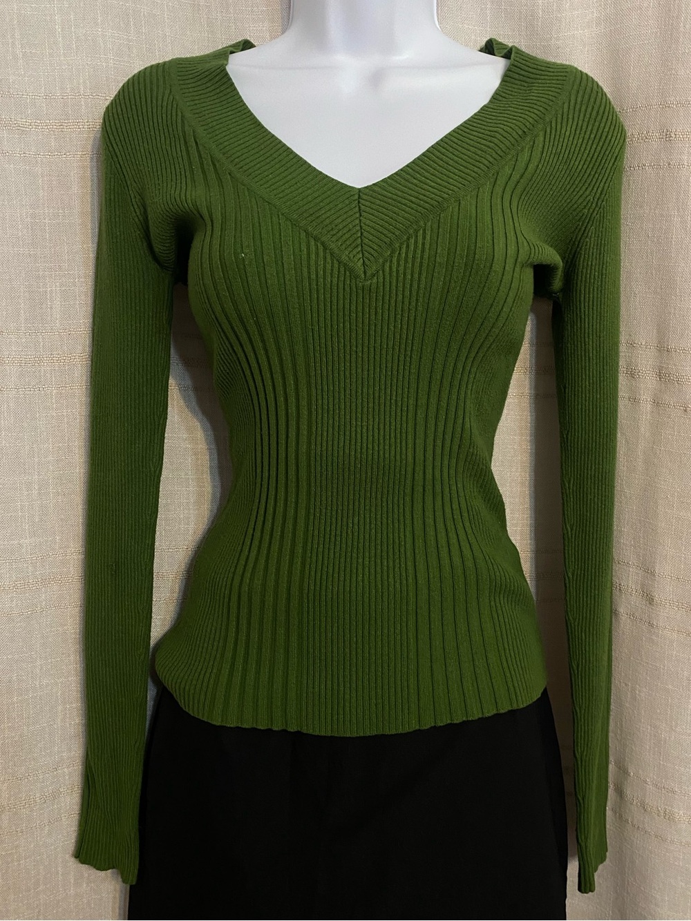 Vintage Y2K Say What Olive Green Ribbed V-Neck Knit Sweater Medium M